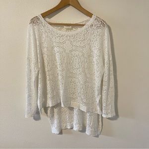 Audrey Bohemian Crochet Open Knit Long Sleeve Top High Low Hem Side Silt-Medium